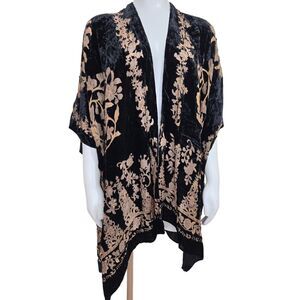 MJ Sereca Kimono Womens One Size Velvet Burnout Bohemian Open Front Black/Gold